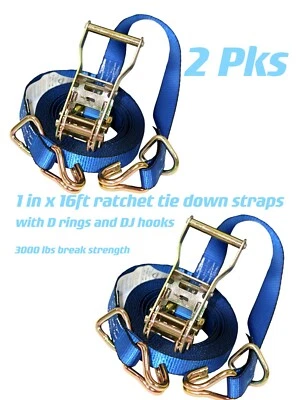 2pk 1in x 16ft Ratchet Tie Down Straps with D-Ring 3000lbs Breaking Strength - Image 1 of 4