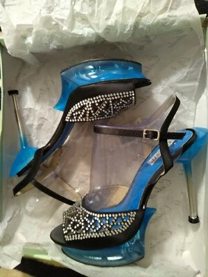 Sexy-Mujeres Celeste Negro Diamante Puntera Abierta Satén Tacones de Aguja Talla 8.5 Foto 1 de 4