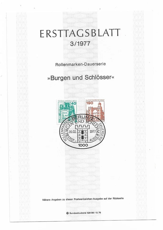 Germany- 1st Day Berlin stamp sheet 1977 Castles & Palaces (3/1977) - Image 1 of 1