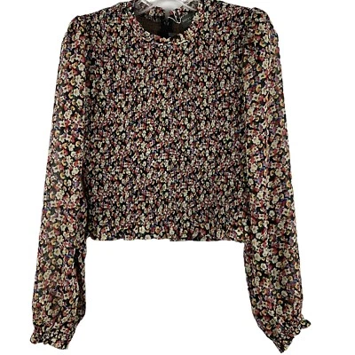 Dress Forum Smocked Crop Top Sz Medium Crew Neck Long Sleeve Multicolor Floral - Image 1 of 4