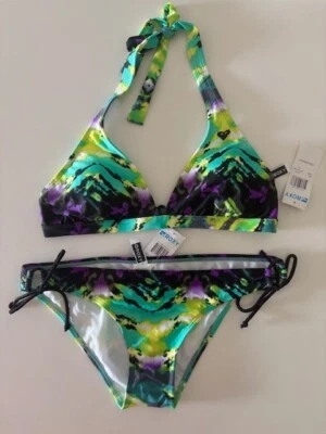 NUEVO Bikini Roxy “White Noise” Negro/Púrpura/Verde Tie Dye EE. UU. GRANDE Foto 1 de 4