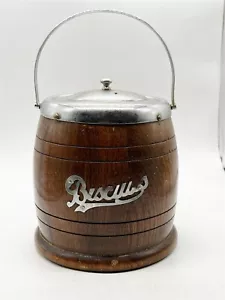 ANTIQUE WOOD AND CERAMIC LINED ART DECO CHROME BISCUIT BARREL TIN - Picture 1 of 9