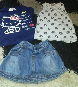 Age 12 Months Bundle. Mothercare Denim Skirt. Lip Print Vest. Hello Kitty Tshirt - Picture 1 of 2
