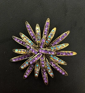 Impresionante Broche Flor Vintage Púrpura Tono Dorado Estrás Ráfaga 2" Diámetro - Imagen 1 de 2