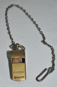 Vtg Solid Brass Standard Military Whistle Chain & Pocket Hook Cork Pea Ball USA - Picture 1 of 6