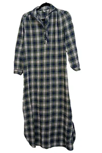 Vtg Sears Long Night Shirt Womens Sz M Flannel gown Plaid Green Blue - Picture 1 of 8