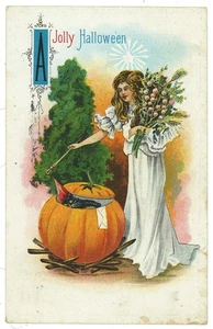 Halloween Postcard "A Jolly Halloween" Lady Wand Black Cat Pumpkin - Picture 1 of 2