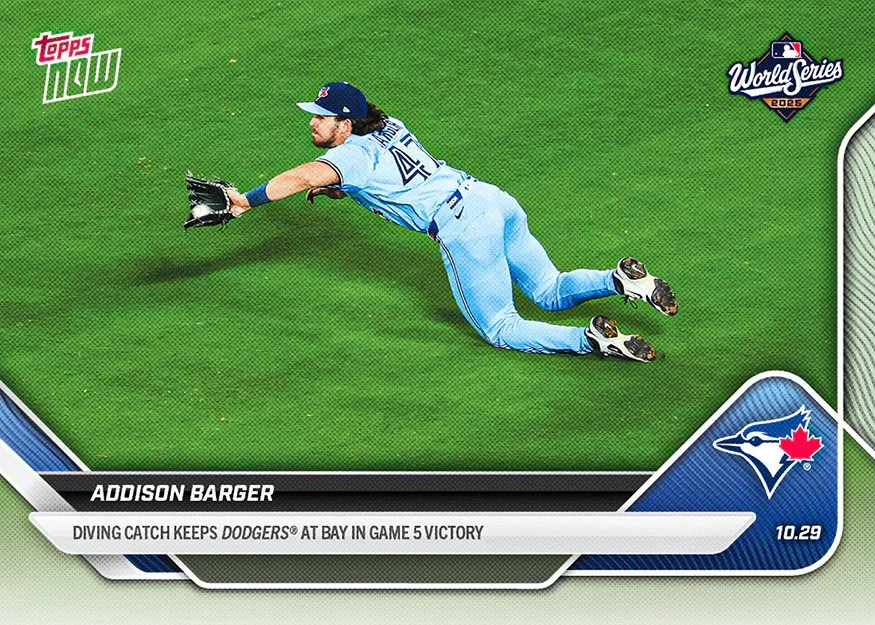 Addison Barger Blue Jays 2025 MLB Topps NOW Card #914 Diving Catch Presale - Image 1 of 2