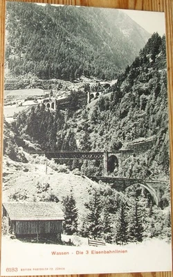 AK ~1910: Wassen Gotthardbahn 3 Eisenbahnlinien Brücke Uri Schweiz SBB Eisenbahn - Bild 1 von 2