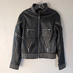 Vintage Black Leather Studded Cross Biker Jacket Women’s Small Moto Rocker Punk - Picture 1 of 23