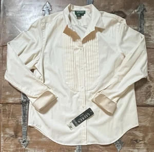 L-Ralph Lauren IVORY Tuxedo Pin-tuck Bib Top/Blouse-Button Up Shirt-French Cuffs - Picture 1 of 22
