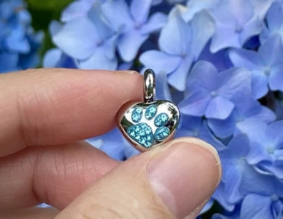 Tiny Cremation Jewelry Pendant Urn for Ashes Pet Dog Cat Blue Crystal Paw Print - Image 1 of 4