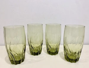 4 Vtg Anchor Hocking Tumblers Avocado Green 6” Swirl Base 16oz MCM Replacement - Picture 1 of 11