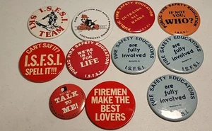 11 VINTAGE PINBACK BUTTONS Fire Department Equipment Safety Lot I.S.F.S.I - Picture 1 of 2