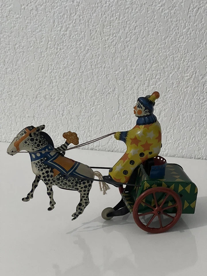 Ancien Jouet Clown Cheval Et Charrette Métal déco Poupée Bleuette Jumeau - Photo 1/4
