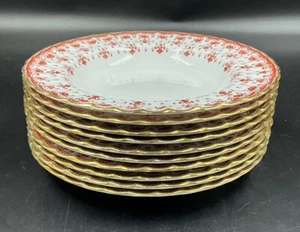 Set of 10 Spode Fleur de Lys Red Bone China Rim Soup Bowls - Gold Trim Y7481 - Picture 1 of 7