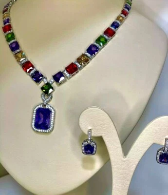 18k White Gold Filled Lab-Created Multicolor Sapphire Necklace Earrings Set Gift - Image 1 of 4