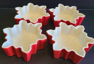 Crate & Barrel Set 4 Red Snowflake Shape Custard Bowl Dish Ramekin - Image 1 of 4