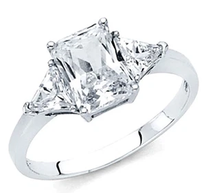 14k Solid Gold Emerald+Trillion Cut Engagement Wedding Ring Lab Created Diamond - Picture 1 of 12