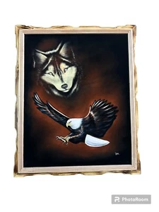 EAGLE & WOLF PAINTING ,HAND PAINTED, VELVET PAINTING,18" BY 22"W, FRAME , WOLF - Picture 1 of 3
