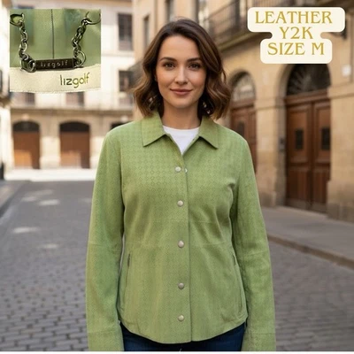 Chaqueta Blazer LIZGOLF Verde Perforada Piel de Cabra Gamuza Cuero M Puños a Presión Foto 1 de 4