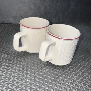 Vtg Homer Laughlin China Gothic Ivory Coffee Cup Mugs Red Stripe Set of 2 - Picture 1 of 11