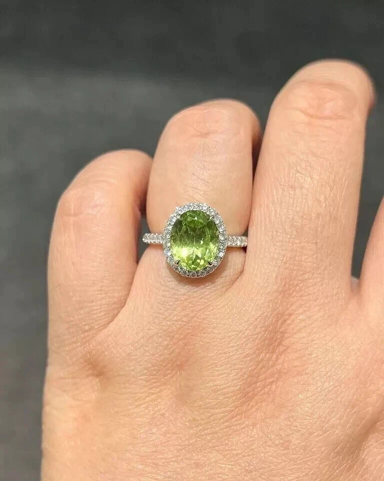 14K White Gold Oval 3.60 Ct Natural Peridot Diamond Bridal Wedding Ring Solid - Image 1 of 4