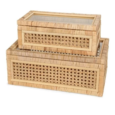 Ручной работы богемное ротанг дисплей коробки со стеклянными крышками набор из 2 - #R02 - Изображение 1 из 4