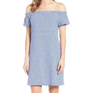 Vineyard Vines schulterfreies Rüschenkleid blau-weiß Küstenmuster Gr. XL - Bild 1 von 6