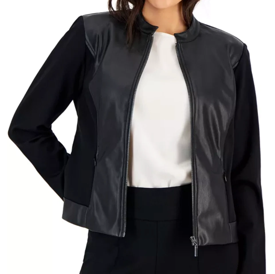 NWT AK Anne Klein Petite Mandarin-Collar Zip-Up Jacket Faux Leather Panels, PS - Image 1 of 4