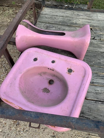 Antique Cast Iron Rose Du Barry Pink Porcelain Pedestal Sink Standard. App/$750 Cover