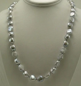 Freshwater Gray Baroque Pearl Necklace 14K White Gold Fish Lock 36" - Picture 1 of 4