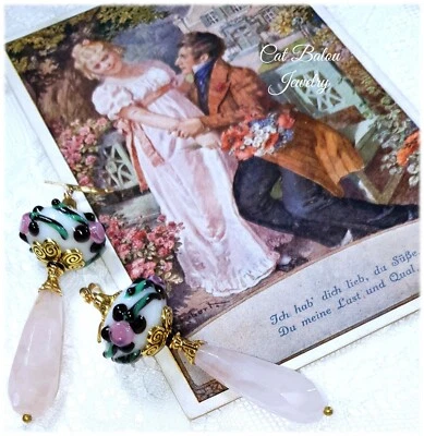 Edle Rosenquarz Ohrringe Rosa Schwarz Rosen Glas Gold Straß Weiß CatBalouJewelry - Bild 1 von 4