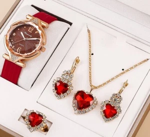 Parure 5 pièces rouge.   Montre + pendentif + boucles d'oreilles + bague - Imagen 1 de 5