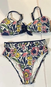 Roller Rabbit 2 Pc Bathing Suit High Waist Medium Bottom X-Large Top Blue Floral - Picture 1 of 6