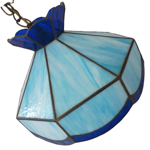 Vintage Stained Glass Pendant Cobalt Blue Light Swag Lamp Hanging Chandelier 80s Cover