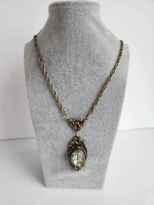 Vintage 60s Victorian Style Clear Glass Medioeval Long Necklace Chunky Pendant - Picture 1 of 7