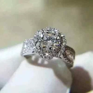 2.00 CT Round Cut Moissanite Halo Wedding Engagement Ring 14K White Gold Plated - Picture 1 of 6