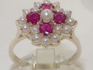 Solid 925 Sterling Silver Natural Pearl & Ruby Ring with English Hallmarks - Picture 1 of 4