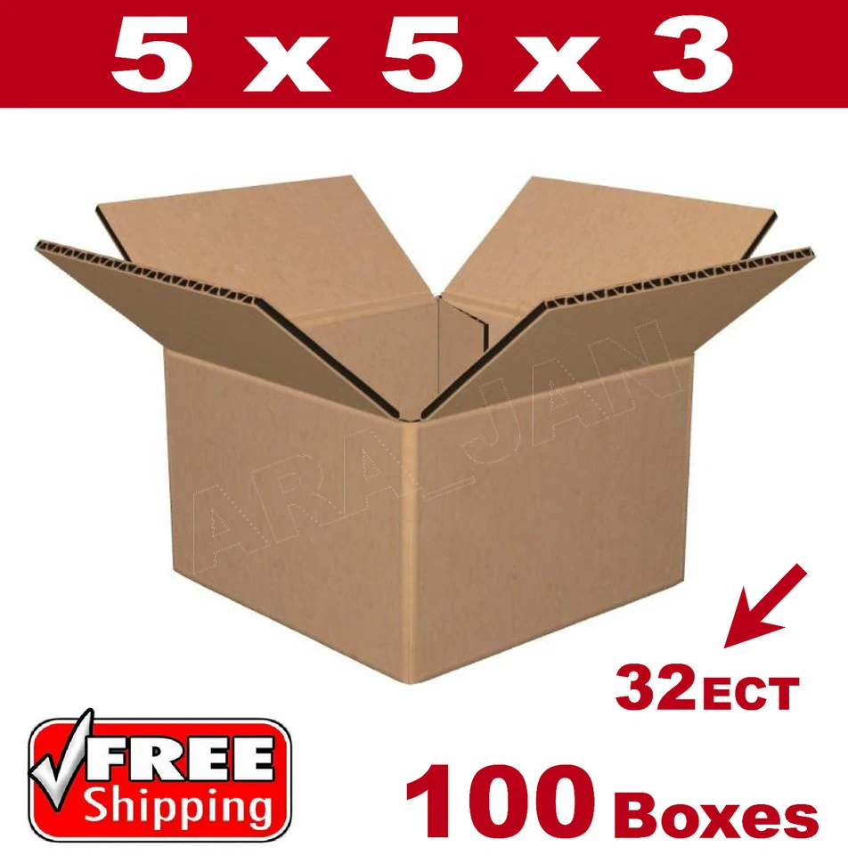 100 - 5x5x3 Cardboard Boxes Mailing Packing Shipping Box 32ECT Corrugated Carton - Image 1 of 1