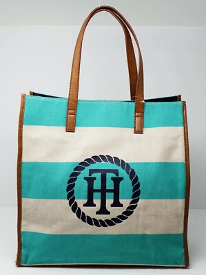 NEW Tommy Hilfiger Green White Striped Canvas Large Beach Travel Tote Handbag - Image 1 of 4