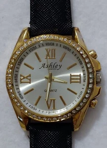Ashley Princess Gold Tone - Crystal Accent - Faux Leather band - NEW Battery - Picture 1 of 9