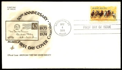 1974 Horse Racing FDC 50th Anniversary Cover Collecting ArtCraft Cachet-Yellow - Image 1 of 2