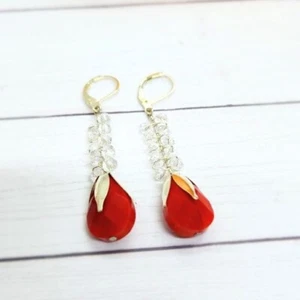 Red & Crystal Dangle Earrings ,Beaded Jewelry, Christmas Jewelry Accessory - Picture 1 of 1