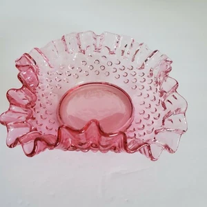 FENTON unmarked Vintage Hobnail Cranberry Double Crimped Ruffle Edge Bowl candy  - Picture 1 of 5