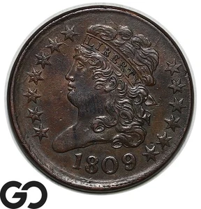 1809/9 Half Cent, Classic Head, Inverted 9, Choice AU++ Scarce Variety - Picture 1 of 3