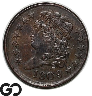 1809/9 Half Cent, Classic Head, Inverted 9, Choice AU++ Scarce Variety - Image 1 of 3