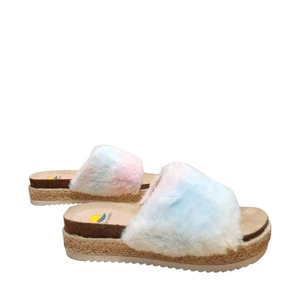 Damen-Plateausandalen klobig Pantoletten Größe 9 natürlicher Raffia-Kork pastellfarbenes Fell Y2K - Bild 1 von 8