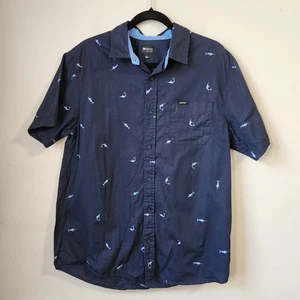 Matix L Button Up Shirt Navy Blue Marlin Fish Print Short Sleeve Men's - Picture 1 of 7
