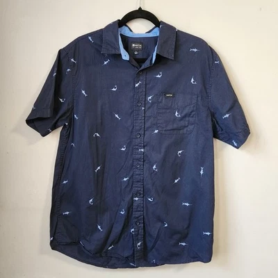 Matix L Button Up Shirt Navy Blue Marlin Fish Print Short Sleeve Men's - Image 1 of 4